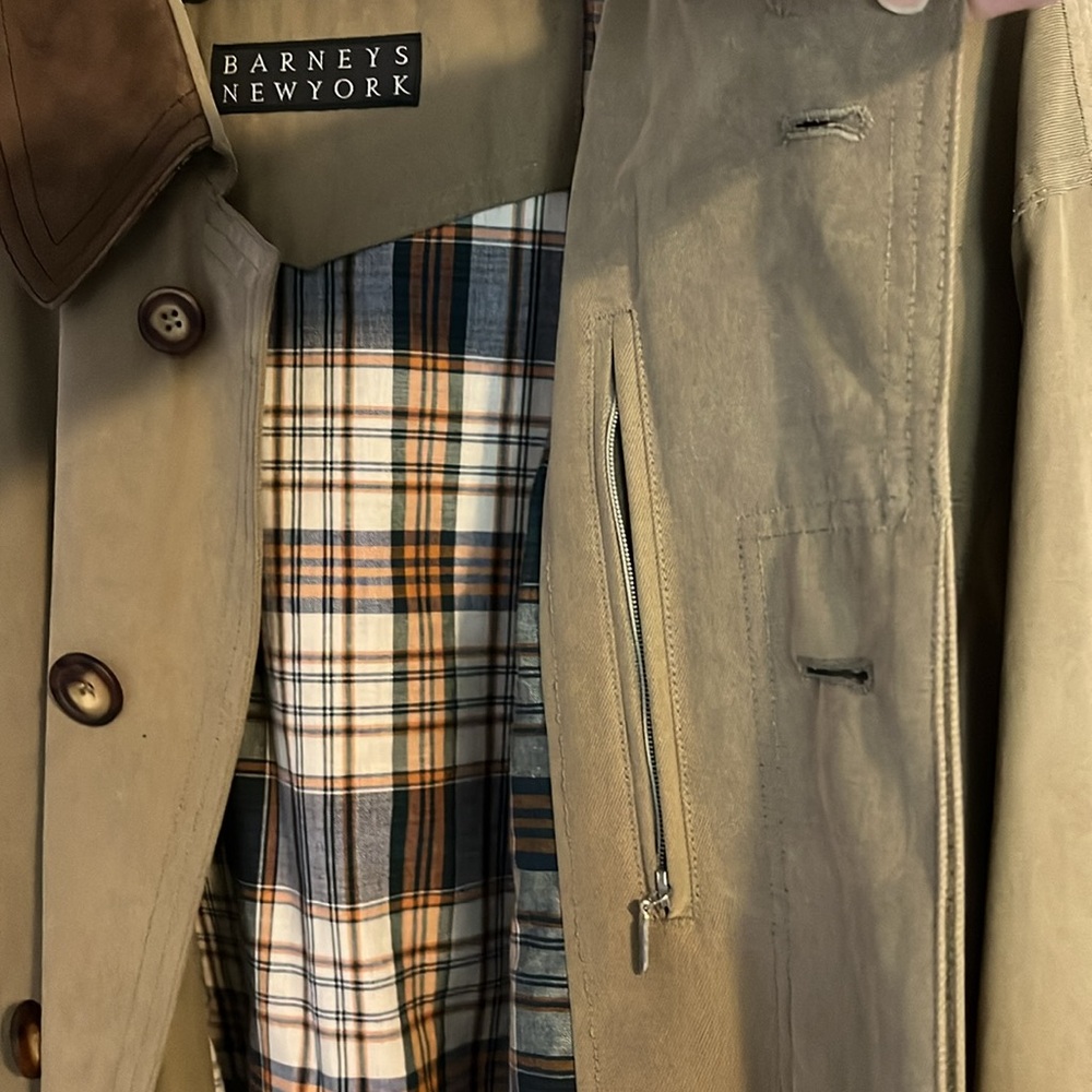 NWT vintage Barney’s NY men’s dark tan trench cost with brown collar - Picture 8 of 15